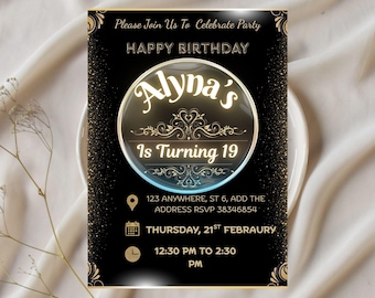 Digital Birthday Dinner Invitation Template, Black Tie Glam Invite, Animated Black Golden Diamond Evite For Men & Women, Self Editable