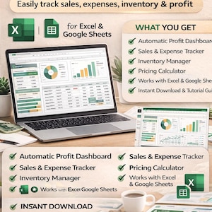May include: A promotional image for a small business spreadsheet bundle. The image features a laptop displaying a spreadsheet, along with icons and text highlighting features like sales tracking, inventory management, and profit dashboards. The text includes "Easily track sales, expenses, inventory & profit."