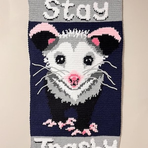 May include: Crocheted wall hanging featuring a possum design. The possum has gray, white, black, and pink details, with the words "Stay Trashy" in white letters. The wall hanging is suspended from a wooden dowel.