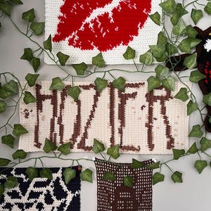 May include: Crocheted wall hangings with various designs. One features a red lip print on a white background. Another displays the name "HOZIER" in brown letters on a cream background. Green ivy vines are draped across the hangings.