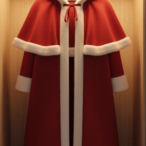 Può includere: Un mantello rosso con cappuccio e finiture in ecopelliccia bianca, appeso in un armadio di legno. Il mantello presenta un design lungo con cintura e polsini abbinati. Anche il cappuccio è rifinito con ecopelliccia bianca.