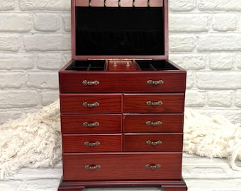 Vtg Thomas Pacconi Large Jewelry Box Chest Solid Wood Cherry Mahogany Finish