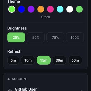 K&ouml;nnte beinhalten: Eine mobile App-Oberfl&auml;che mit dunklem Thema, die Einstellungen f&uuml;r GitGrid-D881 anzeigt. Optionen umfassen die Themenauswahl mit Farbfeldern, Helligkeitsstufen und Aktualisierungsintervallen. Kontoeinstellungen f&uuml;r den GitHub-Benutzer 'octocat' sind ebenfalls sichtbar.