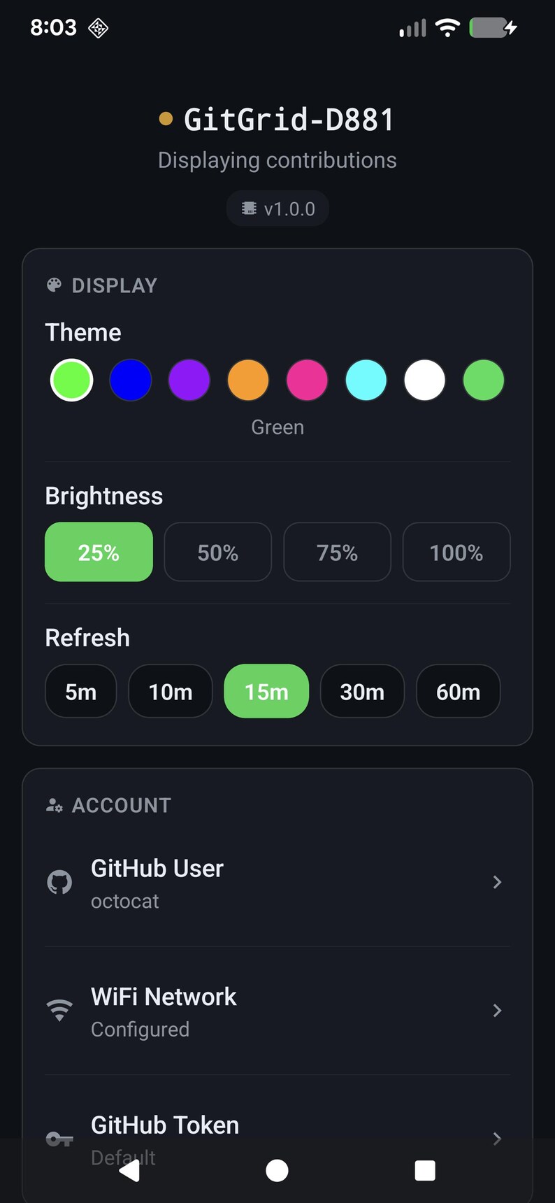 K&ouml;nnte beinhalten: Eine mobile App-Oberfl&auml;che mit dunklem Thema, die Einstellungen f&uuml;r GitGrid-D881 anzeigt. Optionen umfassen die Themenauswahl mit Farbfeldern, Helligkeitsstufen und Aktualisierungsintervallen. Kontoeinstellungen f&uuml;r den GitHub-Benutzer 'octocat' sind ebenfalls sichtbar.