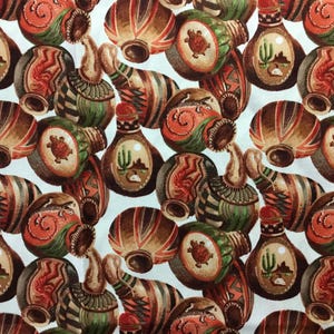 May include: A white background with a repeating pattern of brown, green, and red pottery. The pottery is decorated with geometric designs and images of lizards and turtles.