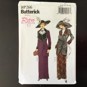 May include: A vintage Butterick sewing pattern, BP266, featuring illustrations of retro women's fashion designs. The cover showcases two women in elegant outfits, including long skirts, jackets, and hats. The pattern is labeled "Retro Butterick '12".