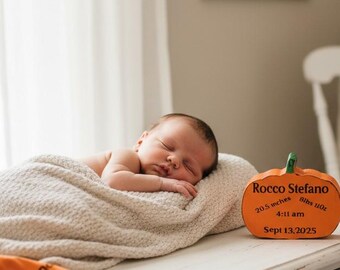 May include: A newborn baby sleeps peacefully on a white surface, wrapped in a cream-colored blanket. An orange pumpkin-shaped keepsake with the name "Rocco Stefano", birth measurements, and date is next to the baby. An orange hat is also present.