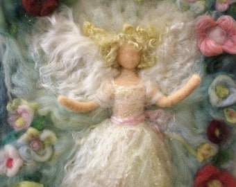 Guardian Angel with Spring Flowers. 12 x 16 inches Unframed Needle-Felted wool picture by Castle of Costa Mesa