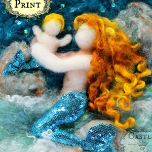 PRINT:  Mermaid Mother and Baby by the Moonlight. 8.5 x 11 inches.