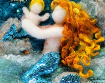PRINT:  Mermaid Mother and Baby by the Moonlight. 8.5 x 11 inches.