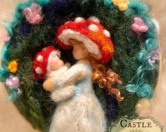 Toadstool Fairy Mother and Baby by Castle of Costa Mesa. 6” Wool Picture