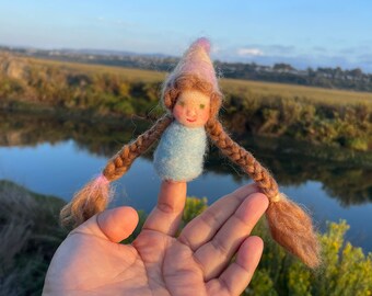 Dimpled Girl Gnome with Soft Brown Pigtails. Needle-felted Finger and Heart-warmer Finger Puppets