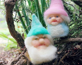 Lovey Dovey Gnome Couple Pip and Pop. Needle-Felted Finger and Heart warmers by Castle of Costa Mesa