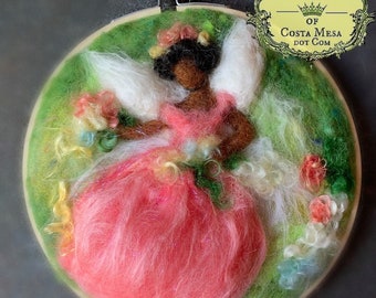 Sweet Fairy in Pink. Framed 6" (15cm) Diameter Wool relief Artwork by Castle of Costa Mesa