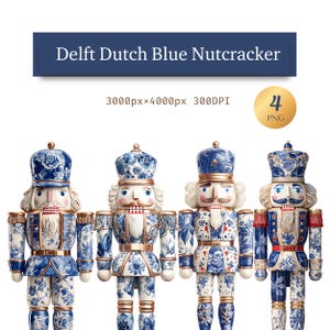 Op de afbeelding: Vier Delftse blauwe notenkrakers. Elke notenkraker is versierd met een blauw-wit bloemmotief, gouden accenten en een koninklijke hoed. De tekst "Delft Dutch Blue Nutcracker" wordt hierboven weergegeven.