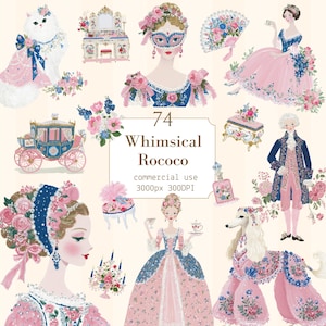 Puede incluir: Ilustraciones de estilo rococó con figuras en vestidos ornamentados, un carruaje y un gato, todos adornados con detalles florales. La imagen incluye el texto "74 Whimsical Rococo" y "commercial use". La paleta de colores es suave, con rosas, azules y blancos.