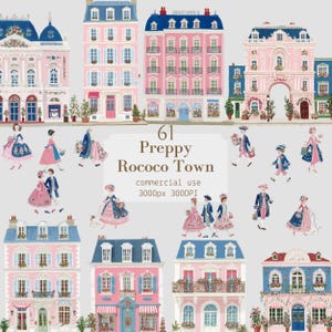 Puede incluir: Una ilustración con edificios y figuras de estilo rococó en rosa y azul. Los edificios tienen detalles arquitectónicos elaborados, y las figuras visten ropa de época. El texto dice "61 Preppy Rococo Town".