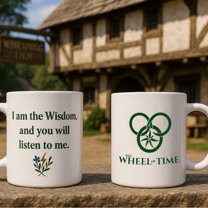 May include: Two white ceramic mugs. One mug has the text "I am the Wisdom, and you will listen to me." with a floral and lightning bolt design. The other mug has a green Wheel of Time logo and text.