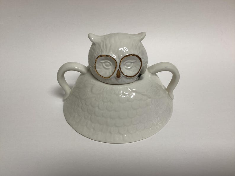 Puede incluir: Un recipiente blanco de cer&aacute;mica con forma de b&uacute;ho y tapa. El b&uacute;ho tiene gafas con borde dorado y un cuerpo texturizado. El recipiente tiene dos asas y probablemente se utiliza para servir o guardar.