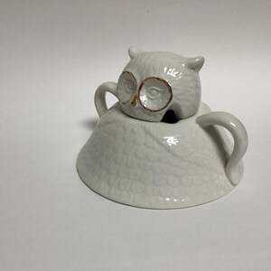 Puede incluir: Un recipiente blanco de cer&aacute;mica con forma de b&uacute;ho con tapa. El b&uacute;ho tiene gafas con montura dorada y un dise&ntilde;o detallado de plumas. El recipiente tiene dos asas curvas y est&aacute; sobre un fondo blanco.