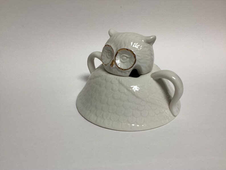 Puede incluir: Un recipiente blanco de cer&aacute;mica con forma de b&uacute;ho con tapa. El b&uacute;ho tiene gafas con montura dorada y un dise&ntilde;o detallado de plumas. El recipiente tiene dos asas curvas y est&aacute; sobre un fondo blanco.