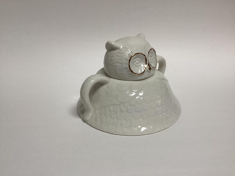 Puede incluir: Un recipiente de cer&aacute;mica blanco con forma de b&uacute;ho con tapa. El b&uacute;ho tiene detalles dorados alrededor de los ojos. El recipiente tiene un dise&ntilde;o texturizado de plumas y dos asas curvas. La tapa tiene forma de cabeza de b&uacute;ho.