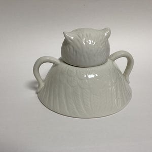 Puede incluir: Azucarero blanco de cer&aacute;mica con forma de b&uacute;ho y tapa. El cuenco tiene dos asas curvas y un dise&ntilde;o de plumas texturizadas. La tapa tiene forma de cabeza de b&uacute;ho. El azucarero est&aacute; sobre una superficie blanca.