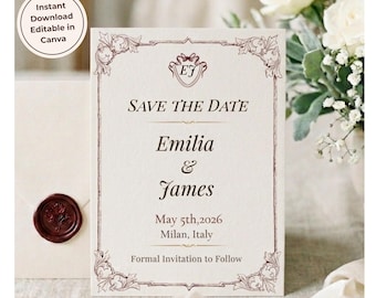 Old Money-huwelijksuitnodiging, elegant rood en crème Save The Date, bewerkbare tijdloze huwelijksuitnodiging, digitale download
