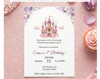 May include: A princess-themed birthday invitation with a pink castle illustration, floral accents, and the text "Emma's 4th Birthday!" The invitation includes event details like date, time, and location. The background is a soft pink.