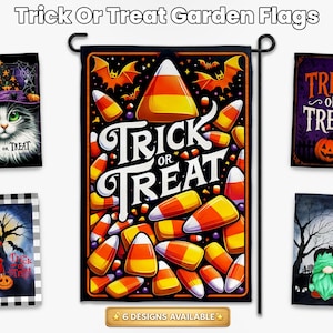 May include: A collection of five rectangular garden flags featuring Halloween themes. Designs include a cat in a witch hat, a candy corn pattern with the text Trick Or Treat, a purple sign, a gnome with a pumpkin, and a gnome with a tree.