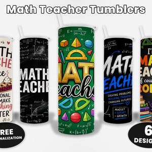 Könnte beinhalten: Sechs Math Teacher Tumbler mit verschiedenen Designs. Die Becher zeigen Mathe-Grafiken, Gleichungen und Sätze wie "Math Teacher" und "I'm a Math Teacher". Jeder Becher hat einen weißen Strohhalm.