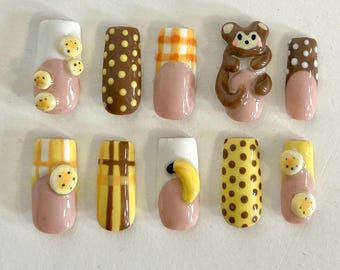 Custom made press on nails set /press ons / monkey nails / nail art / 3D nails / Banan nails / yellow and brown nails / autumn nails
