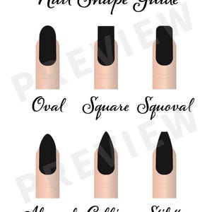 May include: A white graphic titled "Nail Shape Guide" displays six nail shapes: oval, square, squoval, almond, coffin, and stiletto. Each shape is illustrated with a black nail polish on a finger, providing a visual reference for nail art enthusiasts.