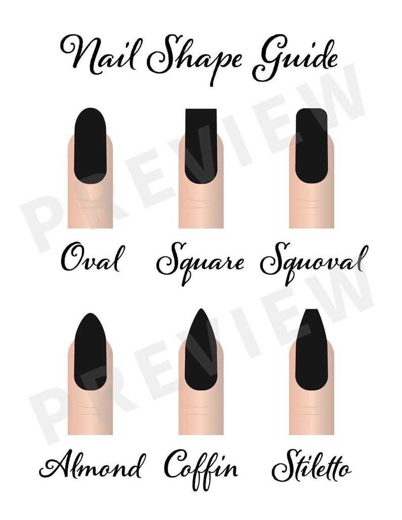 May include: A white graphic titled "Nail Shape Guide" displays six nail shapes: oval, square, squoval, almond, coffin, and stiletto. Each shape is illustrated with a black nail polish on a finger, providing a visual reference for nail art enthusiasts.