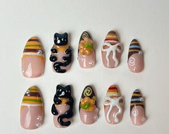Custom made press on nails set /press ons / spooky nails  / nail art / 3D nails / cat nails /  brown nails / autumn nails / Halloween nails