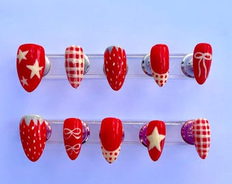 Custom made press on nails set / red nails / press ons / strawberry nails / cute nails / yellow nails / polka dot nails / holiday nails
