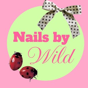 May include: A pink background with a light green circle featuring the text "Nails by Wild" in pink. A white bow with black polka dots is at the top, and two red ladybugs with black spots are at the bottom.