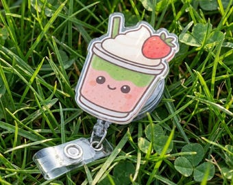 Cute Matcha Strawberry Badge Reel Retractable, Kawaii Green Pink Drink ID Holder Clip, Aesthetic Nurse Gift, Sweet Café Work Accessory