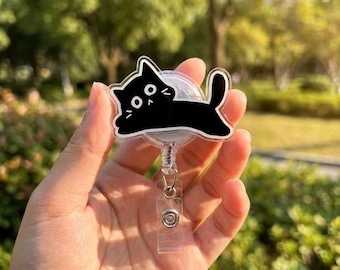 Cute Black Cat Badge Reel Retractable, Kawaii Cat Nurse Badge Holder Clip, Aesthetic Black Cat ID Badge Reel