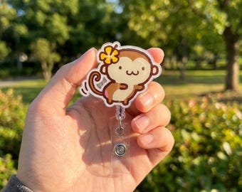 Cute Dancing Baby Monkey with Flower Badge Reel Retractable ID Holder, un Tropical Work Badge Reel Gift for Nurse, Cute Animal ID Holder