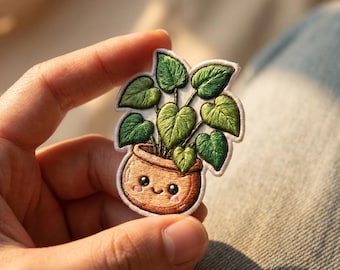 Leafy Plant Pot Embroidered Patch Iron On Cute Botanical Houseplant Sew On Applique Badge