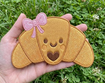 Cute Croissant with Pink Bow Embroidered Patch Sweet Bakery Badge for Jacket Backpack Gift