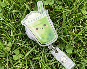 Happy Matcha Drink Badge Reel Retractable, Cute Green Tea Kawaii ID Holder Clip, Aesthetic Nurse Gift, Cozy Café Work Lanyard Accessory