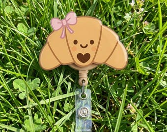 Cute Smiling Croissant Badge Reel Retractable, Kawaii Bakery Food ID Holder Clip, Funny Breakfast Nurse Gift