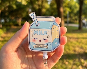 Cute Milk Carton Badge Reel – Kawaii “Sleepy Mood” Dairy ID Holder