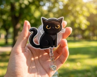 Little Black Cat Badge Reel – Cute Minimal Cat Retractable ID Holder, Kawaii Black Cat Nurse Badge Clip, Cat Lover Work Accessory