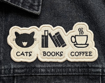 Funny Cats Books and Coffee Embroidered Patch, Cozy Reading Cat Iron-On Badge for Jackets, Bags, Book Lover Gift Idea
