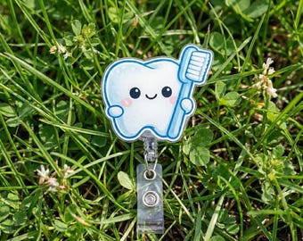 Cute Little Tooth with Toothbrush Badge Reel Retractable ID Holder, Dental Nurse, Office Staff, Minimal Cute ID Holder