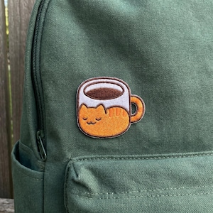 Cute Doodle Cat Coffee Cup Embroidered Patch  Cozy Cat Lover Badge for Jacket Backpack Gift
