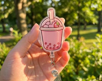 Cute Strawberry Milk Bubble Tea Badge Reel Retractable, Kawaii Boba Drink ID Holder Clip, Aesthetic Nurse Gift, Sweet Pink Work Accessory
